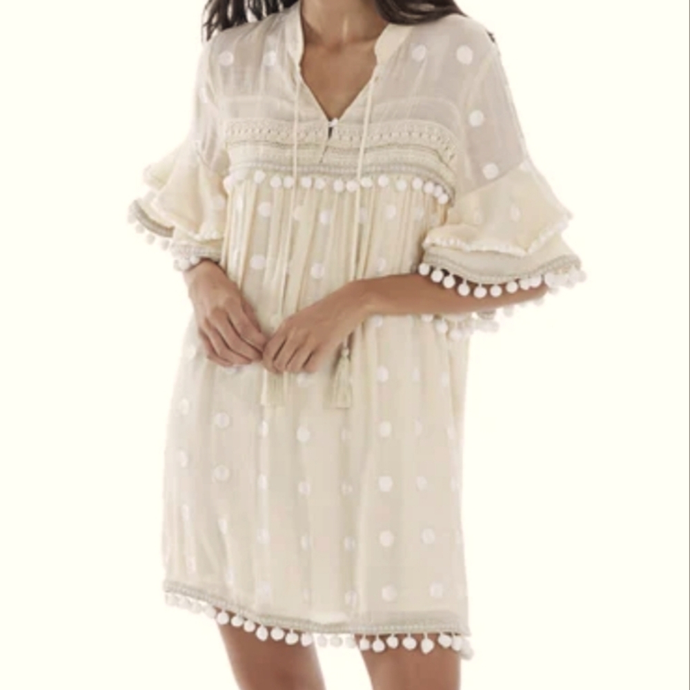 Harper New York Pom-Pom Embroidered Polka Dot Dress in Cream Size Large